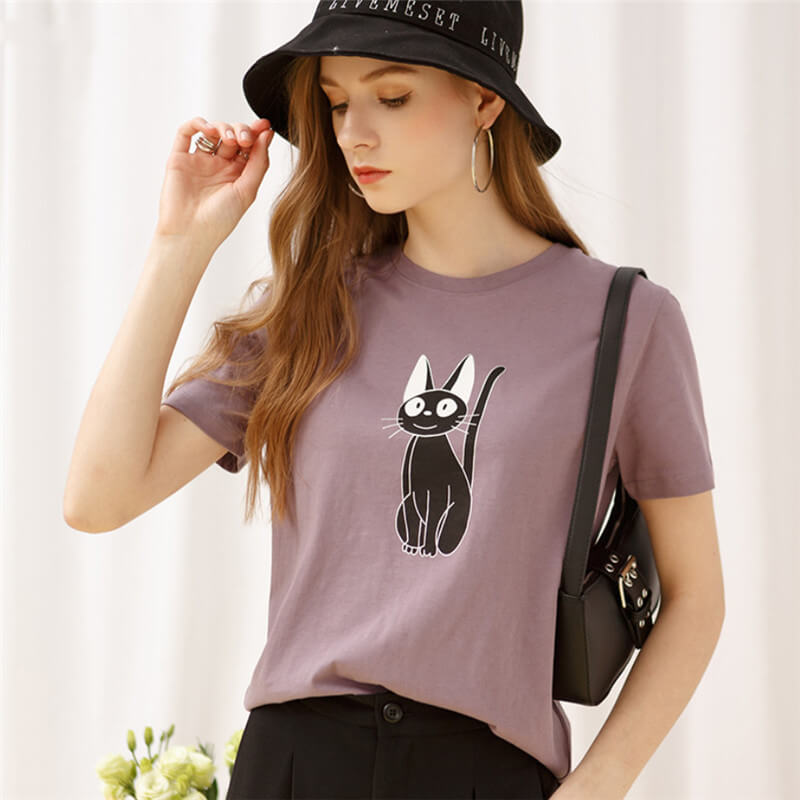 Cotton t shirt-cat print cotton t shirt-purple-front