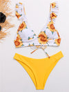 Bikini-floral ruffle strap bikini-yellow-front