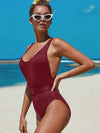 One piece swimsuit-plain belted one piece swimsuit-red-side