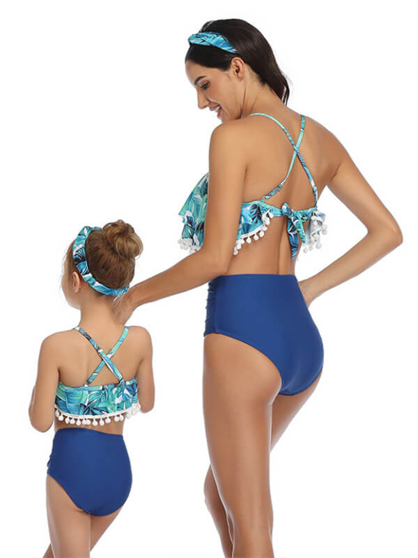 Mommy And Me Matching Bikinis-pom pom tiered ruffle mom and me bikinis-blue-front