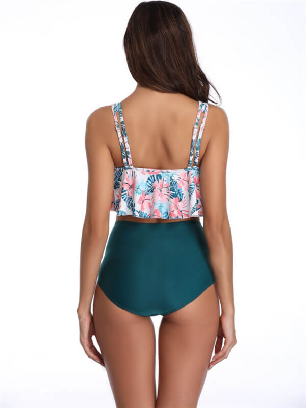 Tankini-print ruffle tankini-green-back