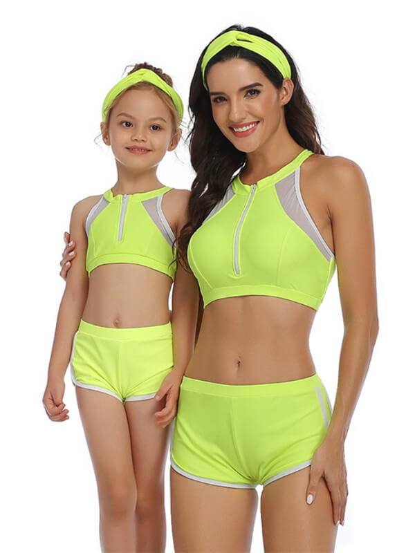 Mommy And Me Matching Bikinis-sporty zipper up mom and me bikinis-Fluorescent Green-front1