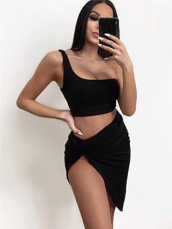 One Shoulder Cami & Ruched Short Dress Set