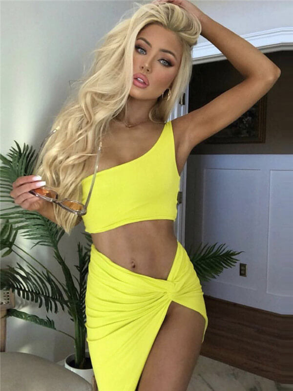 One Shoulder Cami & Ruched Short Dress Set