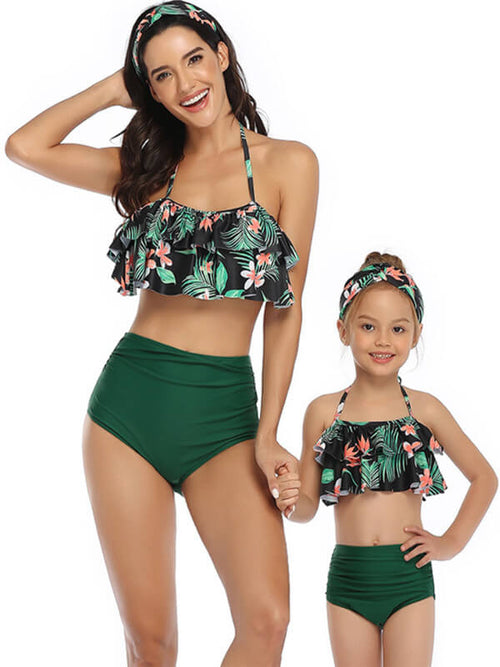 Mommy And Me Matching Bikini-Floral Print Camisole High Waist Bikini-Green-Front1