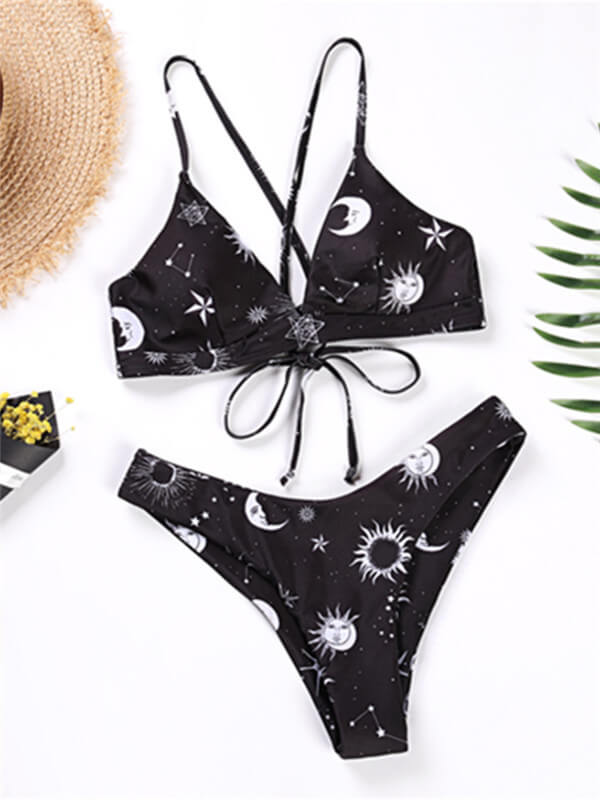 Bikini-Black floral spaghetti strap bikini-black-front