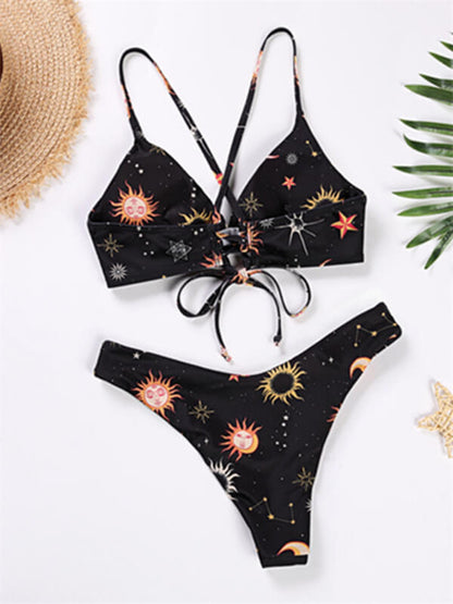 Bikini-Black floral spaghetti strap bikini-multicolor-back