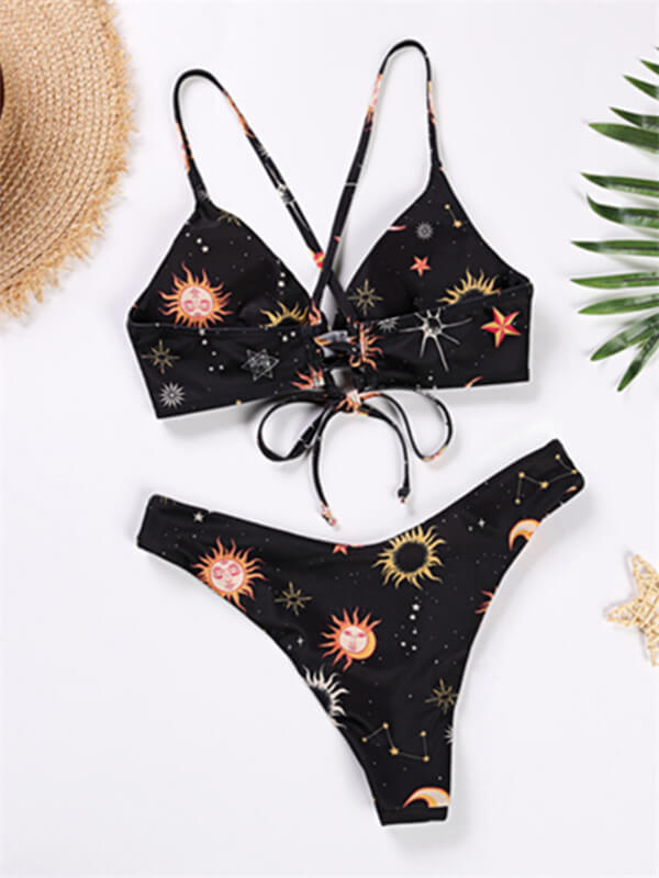 Bikini-Black floral spaghetti strap bikini-multicolor-front