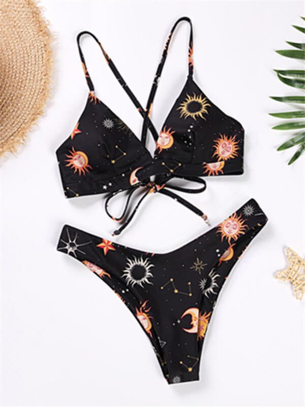 Bikini-Black floral spaghetti strap bikini-multicolor-front