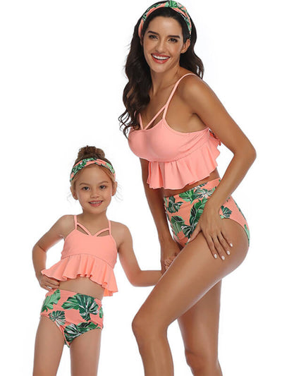 Mommy And Me Matching Bikinis-cami ruffle hem top mommy and me matching bikinis-pink-front