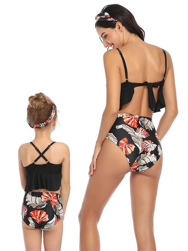 Mommy And Me Matching Bikinis-cami ruffle hem top mommy and me matching bikinis-black-back