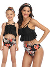 Mommy And Me Matching Bikinis-cami ruffle hem top mommy and me matching bikinis-black-front
