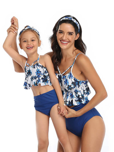 Mommy And Me Matching Bikinis-cami ruffle hem top mommy and me matching bikinis-blue-front1