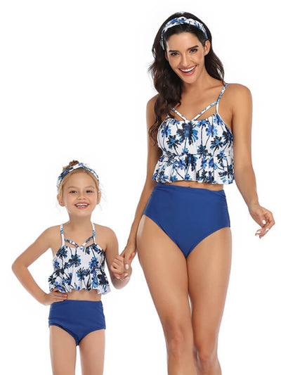 Mommy And Me Matching Bikinis-cami ruffle hem top mommy and me matching bikinis-blue-front