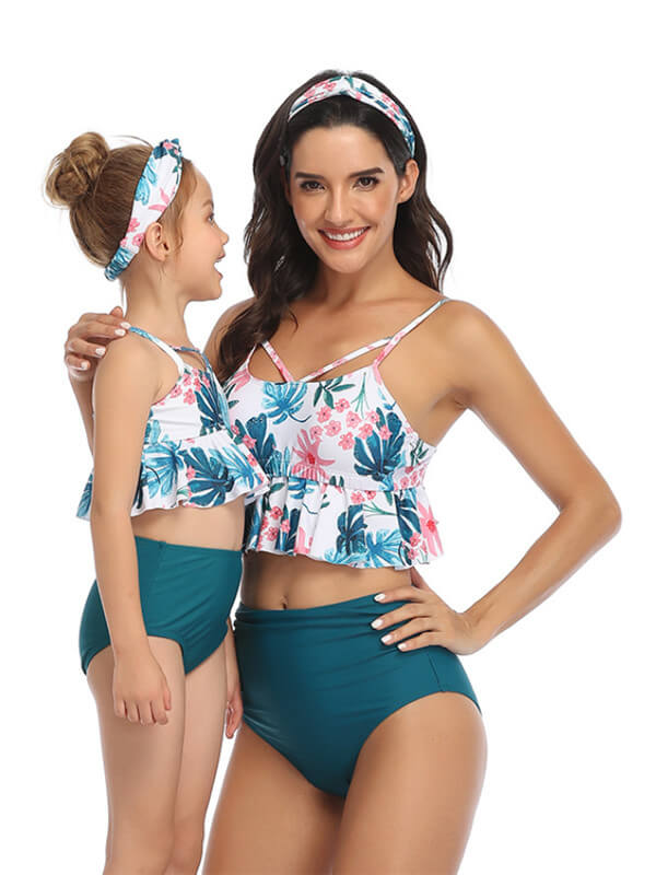 Mommy And Me Matching Bikinis-cami ruffle hem top mommy and me matching bikinis-green-front1