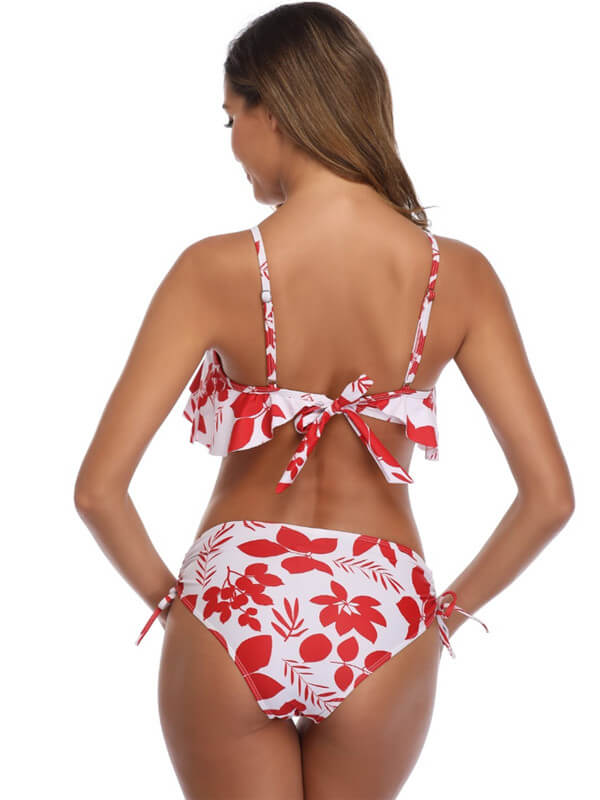 Tankini-double ruffle hem tankini-red leaves-back