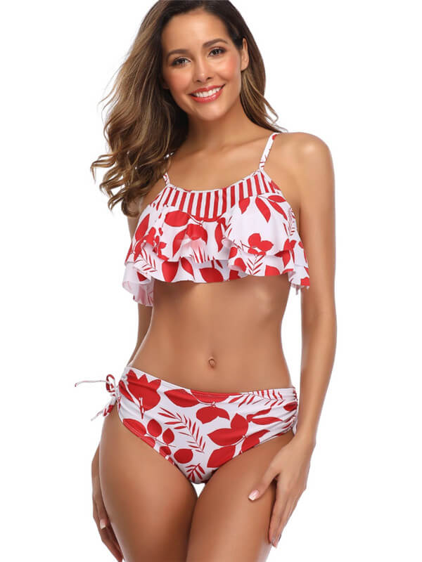 Tankini-double ruffle hem tankini-red leaves-front