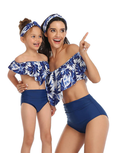 Mommy And Me Matching Bikinis-floral off shoulder mommy and me matching bikinis-blue-front2