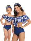 Mommy And Me Matching Bikinis-floral off shoulder mommy and me matching bikinis-blue-front