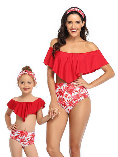 Mommy And Me Matching Bikinis-floral off shoulder mommy and me matching bikinis-red-front1