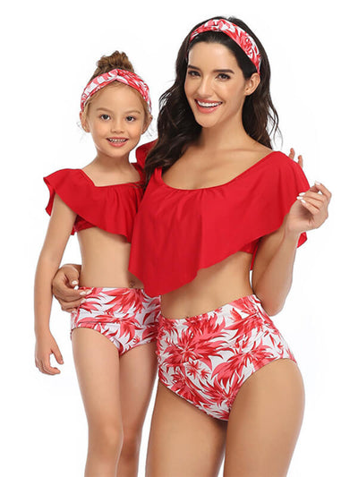 Mommy And Me Matching Bikinis-floral off shoulder mommy and me matching bikinis-red-front