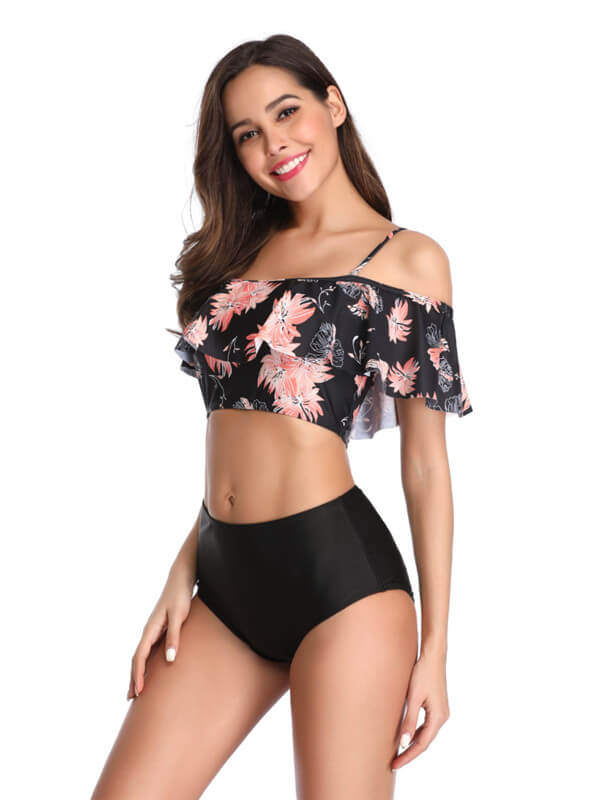 Tankini-floral off shoulder spaghetti strap tankini-balck-front1