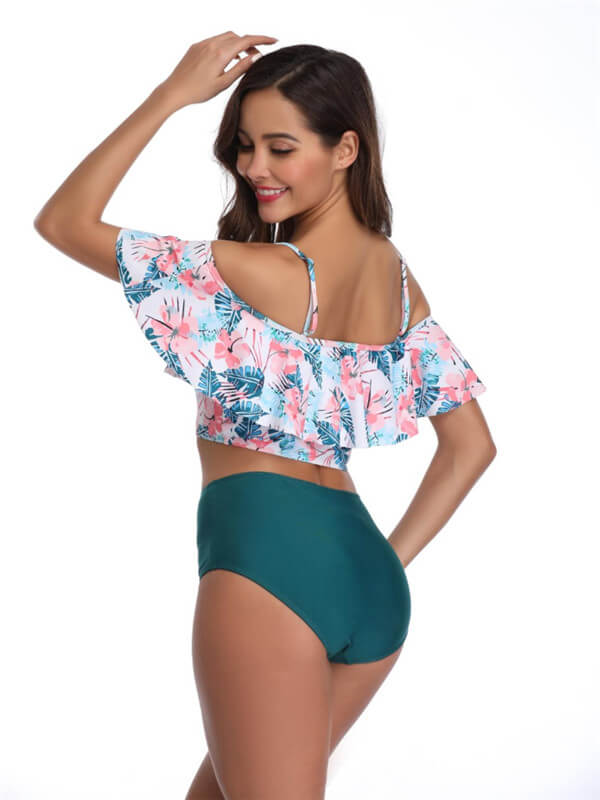 Tankini-floral off shoulder spaghetti strap tankini-green-back