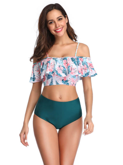 Tankini-floral off shoulder spaghetti strap tankini-green-front