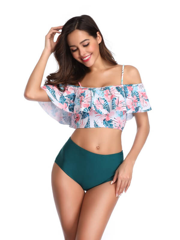 Tankini-floral off shoulder spaghetti strap tankini-green-front1