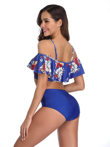 Tankini-floral off shoulder spaghetti strap tankini-royal blue-back