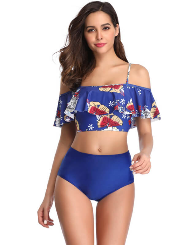 Tankini-floral off shoulder spaghetti strap tankini-royal blue-front