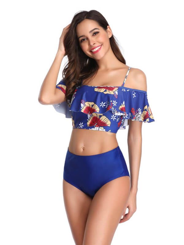 Tankini-floral off shoulder spaghetti strap tankini-royal blue-front1