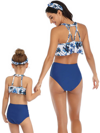 Mommy And Me Matching Bikinis-floral ruffle mom and girl bikinis-blue-back