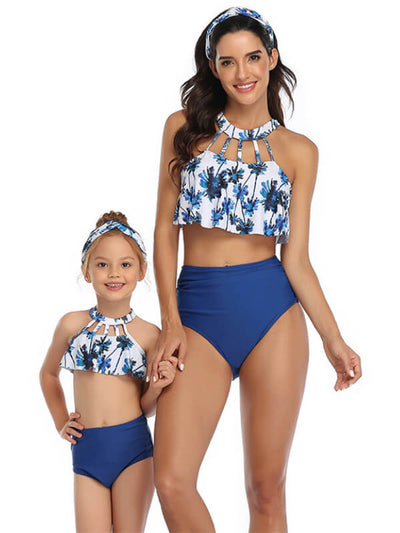 Mommy And Me Matching Bikinis-floral ruffle mom and girl bikinis-blue-front