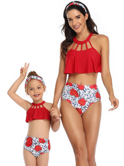 Mommy And Me Matching Bikinis-floral ruffle mom and girl bikinis-red-front1