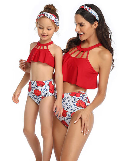 Mommy And Me Matching Bikinis-floral ruffle mom and girl bikinis-red-front2