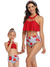 Mommy And Me Matching Bikinis-floral ruffle mom and girl bikinis-red-front
