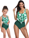 Mommy And Me Matching Bikinis-floral ruffle mommy and me matching bikinis-green-front