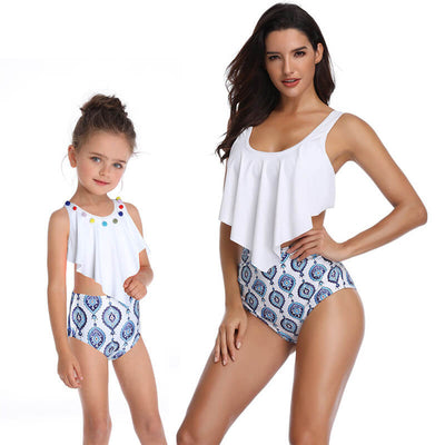 Mommy And Me Matching Bikinis-floral ruffle mommy and me matching bikinis-white