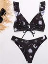 Bikini-floral ruffle strap bikini-black-front