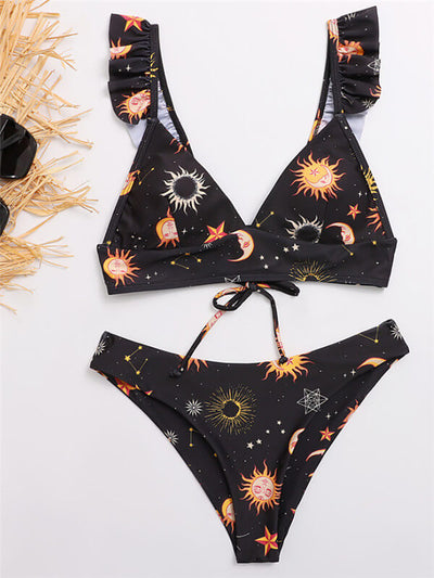 Bikini-floral ruffle strap bikini-sun-front