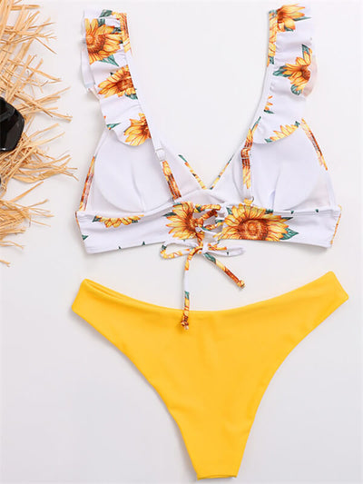 Bikini-floral ruffle strap bikini-yellow-back