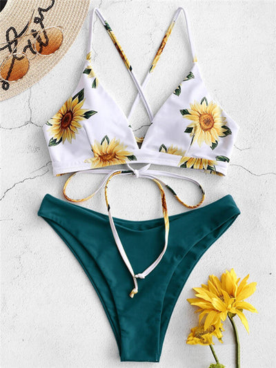 Bikini-floral spaghetti strap bikini-green-front