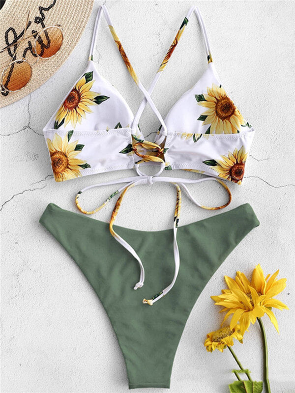 Bikini-floral spaghetti strap bikini-light green-front