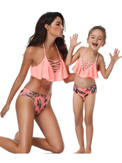 Mommy And Me Matching Bikinis-halterneck crisscross strap ruffle mom and me bikinis-front2