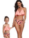 Mommy And Me Matching Bikinis-halterneck crisscross strap ruffle mom and me bikinis-front3