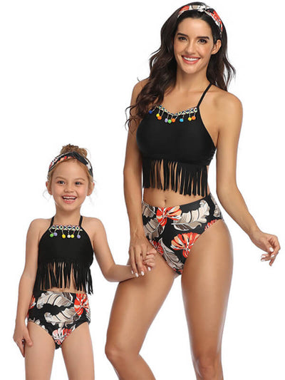 Mommy And Me Matching Bikinis-halterneck tassels mom and me bikinis-black-front