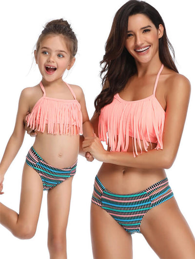 Mommy And Me Matching Bikinis-halterneck tassels mom and me bikinis-pink-front