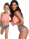 Mommy And Me Matching Bikinis-halterneck tassels mom and me bikinis-pink-side