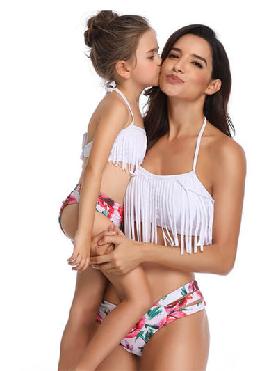 Mommy And Me Matching Bikinis-halterneck tassels mom and me bikinis-white-front1